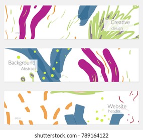 Hand drawn creative universal banner set. Abstract scribbles doodles bright colors. Website header social media advertisement sale brochure templates. Isolated vector banner templates.