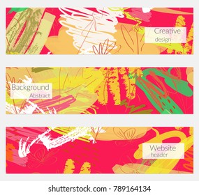 Hand drawn creative universal banner set. Abstract scribbles doodles bright colors. Website header social media advertisement sale brochure templates. Isolated vector banner templates.