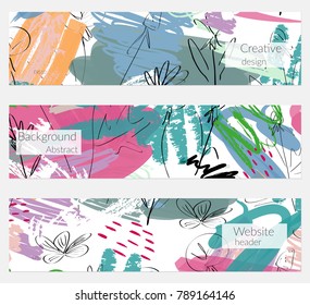 Hand drawn creative universal banner set. Abstract scribbles doodles bright colors. Website header social media advertisement sale brochure templates. Isolated vector banner templates.