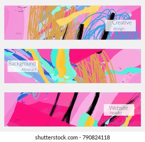 Hand drawn creative universal banner set. Abstract scribbles doodles bright colors. Website header social media advertisement sale brochure templates. Isolated vector banner templates.
