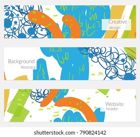 Hand drawn creative universal banner set. Abstract scribbles doodles bright colors. Website header social media advertisement sale brochure templates. Isolated vector banner templates.