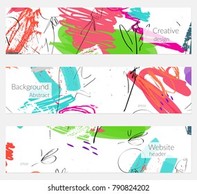 Hand drawn creative universal banner set. Abstract scribbles doodles bright colors. Website header social media advertisement sale brochure templates. Isolated vector banner templates.
