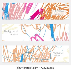 Hand drawn creative universal banner set. Abstract scribbles doodles bright colors. Website header social media advertisement sale brochure templates. Isolated vector banner templates.