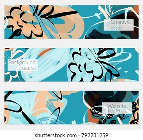 Hand drawn creative universal banner set. Abstract scribbles doodles bright colors. Website header social media advertisement sale brochure templates. Isolated vector banner templates.