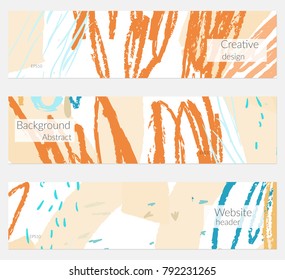 Hand drawn creative universal banner set. Abstract scribbles doodles bright colors. Website header social media advertisement sale brochure templates. Isolated vector banner templates.