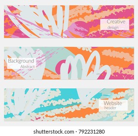 Hand drawn creative universal banner set. Abstract scribbles doodles bright colors. Website header social media advertisement sale brochure templates. Isolated vector banner templates.