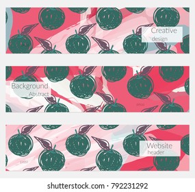 Hand drawn creative universal banner set. Abstract scribbles doodles bright colors. Website header social media advertisement sale brochure templates. Isolated vector banner templates.