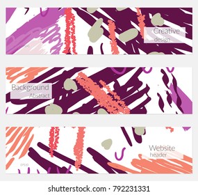Hand drawn creative universal banner set. Abstract scribbles doodles bright colors. Website header social media advertisement sale brochure templates. Isolated vector banner templates.