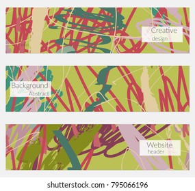 Hand drawn creative universal banner set. Abstract scribbles doodles bright colors. Website header social media advertisement sale brochure templates. Isolated vector banner templates.