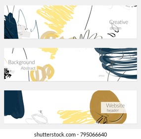 Hand drawn creative universal banner set. Abstract scribbles doodles bright colors. Website header social media advertisement sale brochure templates. Isolated vector banner templates.