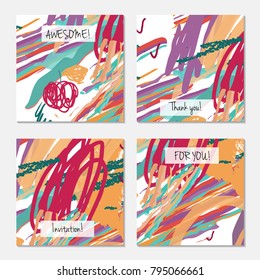 Hand drawn creative universal banner set. Abstract scribbles doodles bright colors. Website header social media advertisement sale brochure templates. Isolated vector banner templates.