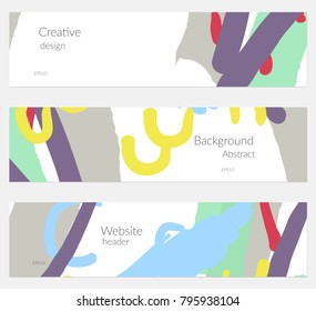 Hand drawn creative universal banner set. Abstract scribbles doodles bright colors. Website header social media advertisement sale brochure templates. Isolated vector banner templates.