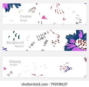 Hand drawn creative universal banner set. Abstract scribbles doodles bright colors. Website header social media advertisement sale brochure templates. Isolated vector banner templates.