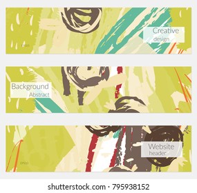 Hand drawn creative universal banner set. Abstract scribbles doodles bright colors. Website header social media advertisement sale brochure templates. Isolated vector banner templates.