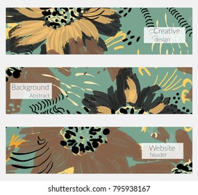 Hand drawn creative universal banner set. Abstract scribbles doodles bright colors. Website header social media advertisement sale brochure templates. Isolated vector banner templates.