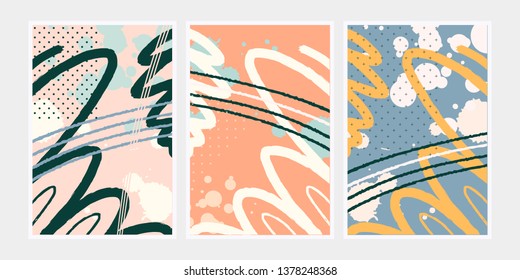 Hand drawn creative universal freehand greeting cards template. Abstract scribbles doodles beautiful colors. Birthday, wedding, party, social media banners template. Isolated vector cards template. 