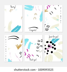 Hand drawn creative universal invitation greeting cards template. Abstract scribbles doodles bright colors.Birthday, wedding, party, social media banners templates. Isolated vector card templates.