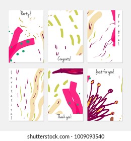 Hand drawn creative universal invitation greeting cards template. Abstract scribbles doodles bright colors.Birthday, wedding, party, social media banners templates. Isolated vector card templates.