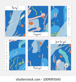 Hand drawn creative universal invitation greeting cards template. Abstract scribbles doodles bright colors.Birthday, wedding, party, social media banners templates. Isolated vector card templates.