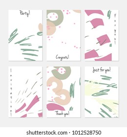 Hand drawn creative universal invitation greeting cards template. Abstract scribbles doodles bright colors.Birthday, wedding, party, social media banners templates. Isolated vector card templates.