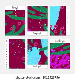 Hand drawn creative universal invitation greeting cards template. Abstract scribbles doodles bright colors.Birthday, wedding, party, social media banners templates. Isolated vector card templates.