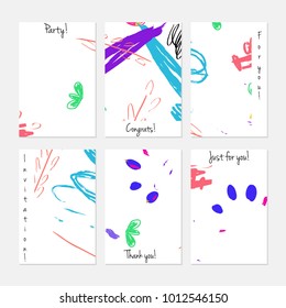 Hand drawn creative universal invitation greeting cards template. Abstract scribbles doodles bright colors.Birthday, wedding, party, social media banners templates. Isolated vector card templates.