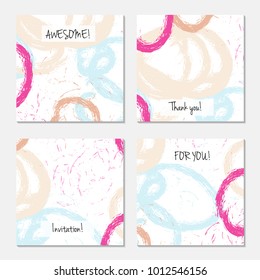 Hand drawn creative universal invitation greeting card template. Abstract scribbles doodles bright colors.Birthday, wedding, party, social media banners templates. Isolated vector card templates.