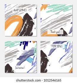 Hand drawn creative universal invitation greeting card template. Abstract scribbles doodles bright colors.Birthday, wedding, party, social media banners templates. Isolated vector card templates.