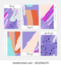 Hand drawn creative universal invitation greeting cards template. Abstract scribbles doodles bright colors.Birthday, wedding, party, social media banners templates. Isolated vector card templates.