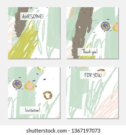 Hand drawn creative universal invitation greeting card template. Abstract scribbles doodles bright colors.Birthday, wedding, party, social media banners templates. Isolated vector card templates.
