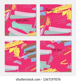 Hand drawn creative universal invitation greeting card template. Abstract scribbles doodles bright colors.Birthday, wedding, party, social media banners templates. Isolated vector card templates.