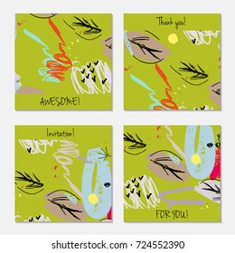 Hand drawn creative universal invitation greeting card template. Abstract scribbles doodles bright colors.Birthday, wedding, party, social media banners templates. Isolated vector card templates.