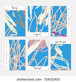 Hand drawn creative universal invitation greeting cards template. Abstract scribbles doodles bright colors.Birthday, wedding, party, social media banners templates. Isolated vector card templates.