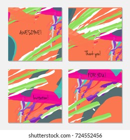 Hand drawn creative universal invitation greeting card template. Abstract scribbles doodles bright colors.Birthday, wedding, party, social media banners templates. Isolated vector card templates.