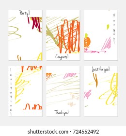 Hand drawn creative universal invitation greeting cards template. Abstract scribbles doodles bright colors.Birthday, wedding, party, social media banners templates. Isolated vector card templates.