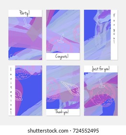 Hand drawn creative universal invitation greeting cards template. Abstract scribbles doodles bright colors.Birthday, wedding, party, social media banners templates. Isolated vector card templates.