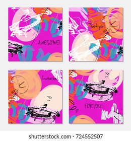 Hand drawn creative universal invitation greeting card template. Abstract scribbles doodles bright colors.Birthday, wedding, party, social media banners templates. Isolated vector card templates.