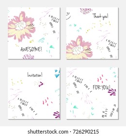 Hand drawn creative universal invitation greeting card template. Abstract scribbles doodles bright colors.Birthday, wedding, party, social media banners templates. Isolated vector card templates.