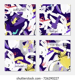 Hand drawn creative universal invitation greeting card template. Abstract scribbles doodles bright colors.Birthday, wedding, party, social media banners templates. Isolated vector card templates.