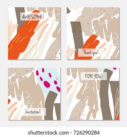 Hand drawn creative universal invitation greeting card template. Abstract scribbles doodles bright colors.Birthday, wedding, party, social media banners templates. Isolated vector card templates.