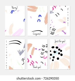 Hand drawn creative universal invitation greeting cards template. Abstract scribbles doodles bright colors.Birthday, wedding, party, social media banners templates. Isolated vector card templates.