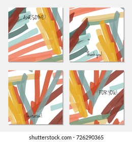 Hand drawn creative universal invitation greeting card template. Abstract scribbles doodles bright colors.Birthday, wedding, party, social media banners templates. Isolated vector card templates.