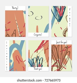 Hand drawn creative universal invitation greeting cards template. Abstract scribbles doodles bright colors.Birthday, wedding, party, social media banners templates. Isolated vector card templates.