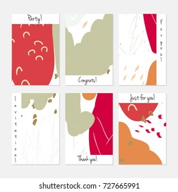 Hand drawn creative universal invitation greeting cards template. Abstract scribbles doodles bright colors.Birthday, wedding, party, social media banners templates. Isolated vector card templates.