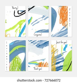 Hand drawn creative universal invitation greeting cards template. Abstract scribbles doodles bright colors.Birthday, wedding, party, social media banners templates. Isolated vector card templates.
