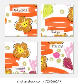 Hand drawn creative universal invitation greeting card template. Abstract scribbles doodles bright colors.Birthday, wedding, party, social media banners templates. Isolated vector card templates.