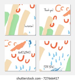 Hand drawn creative universal invitation greeting card template. Abstract scribbles doodles bright colors.Birthday, wedding, party, social media banners templates. Isolated vector card templates.