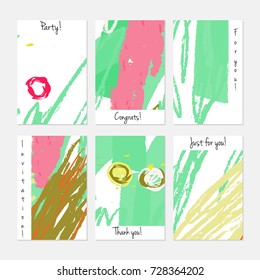Hand drawn creative universal invitation greeting cards template. Abstract scribbles doodles bright colors.Birthday, wedding, party, social media banners templates. Isolated vector card templates.
