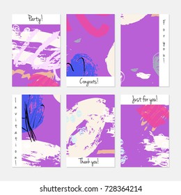 Hand drawn creative universal invitation greeting cards template. Abstract scribbles doodles bright colors.Birthday, wedding, party, social media banners templates. Isolated vector card templates.