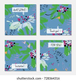 Hand drawn creative universal invitation greeting card template. Abstract scribbles doodles bright colors.Birthday, wedding, party, social media banners templates. Isolated vector card templates.